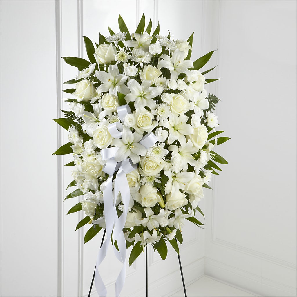 Exquisite Tribute Standing Spray-White Ribbon – Bruce Philp Florist, Windsor ON