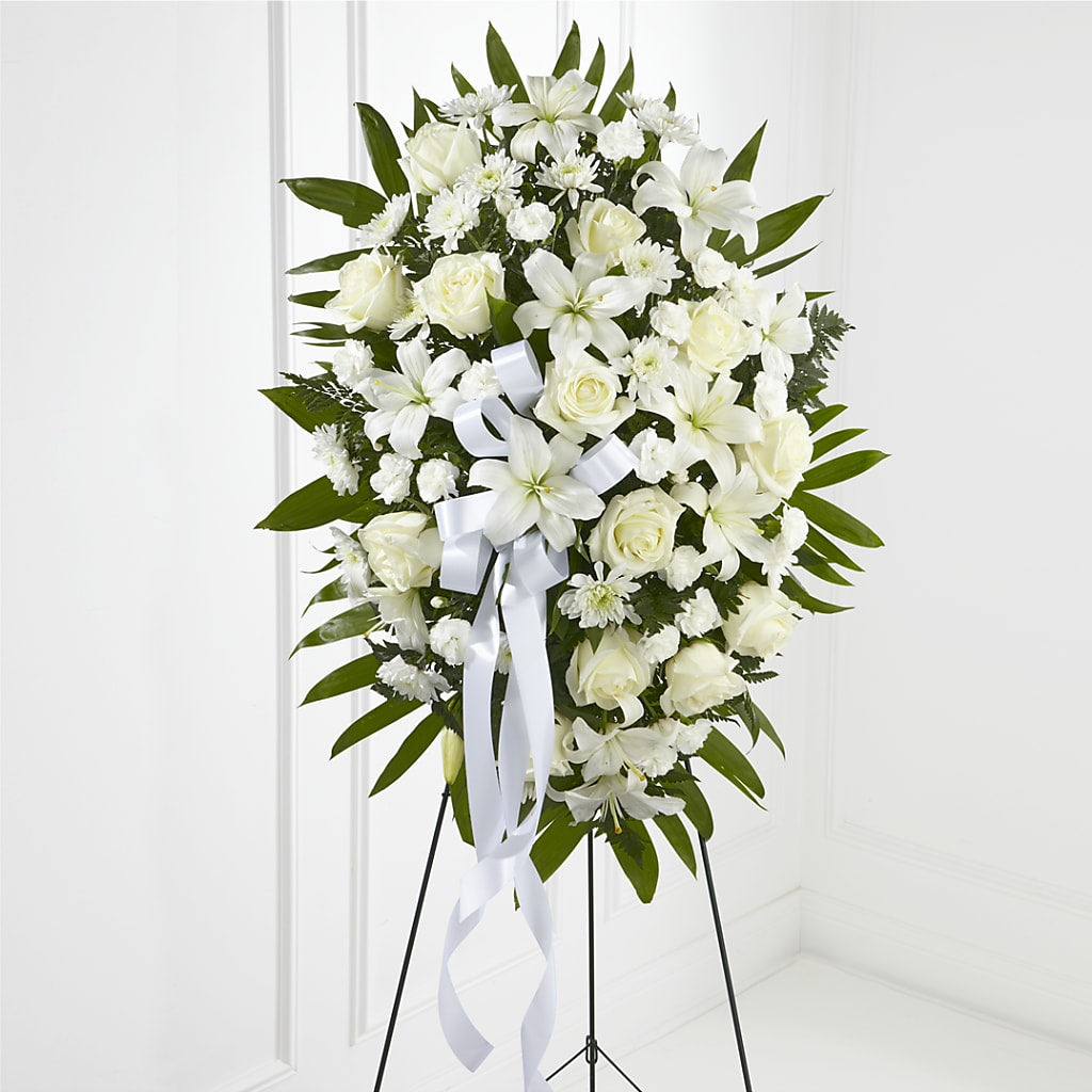 Exquisite Tribute Standing Spray-White Ribbon – Bruce Philp Florist, Windsor ON