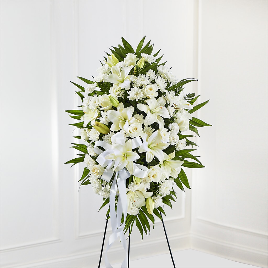 Exquisite Tribute Standing Spray-White Ribbon – Bruce Philp Florist, Windsor ON